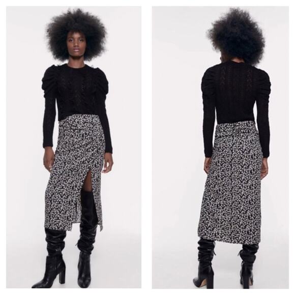 Zara Draped Black Moody Micro Floral Print Ruched Side Slit Midi Skirt XS - Picture 1 of 13